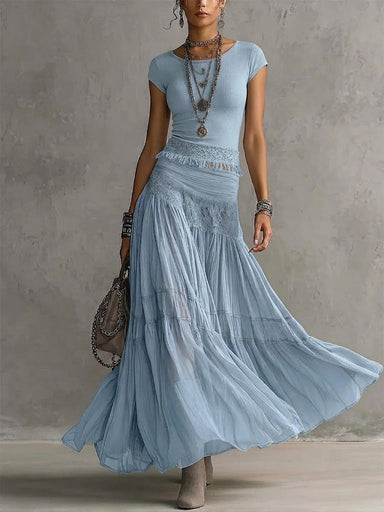 Dwuczęściowy zestaw z krótkim rękawem i spódniczką w stylu boho
