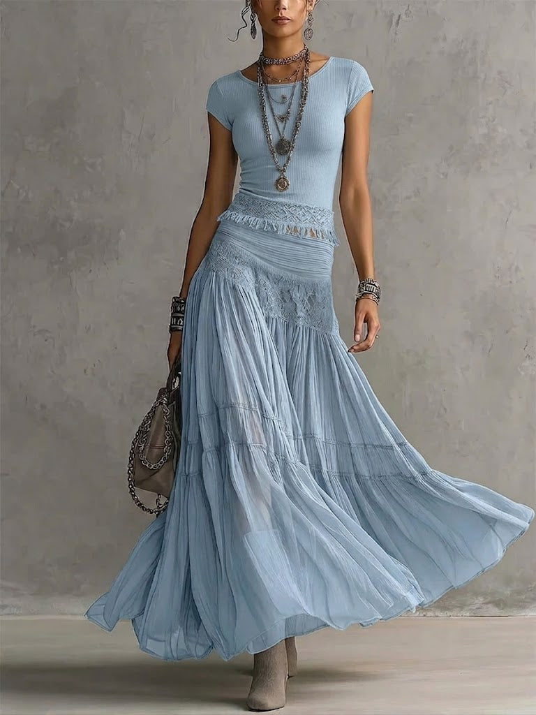 Dwuczęściowy zestaw z krótkim rękawem i spódniczką w stylu boho